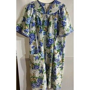 Coffee Time Women’s Floral Quilted Cotton Nightgown V-Neck Button Pockets L